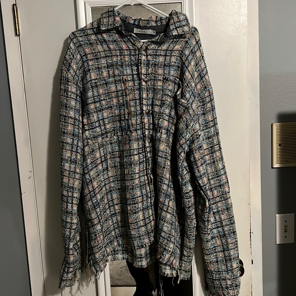 Men’s Multi-Colored MNML Distressed Button Up Shirt (Size XL)